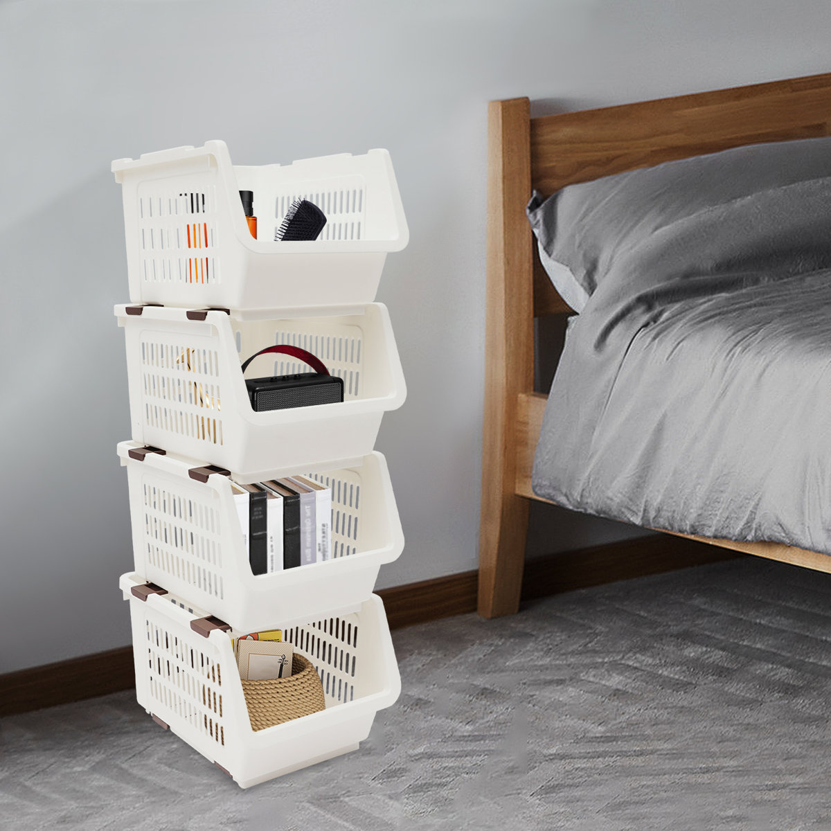 9.5" 4PCS Stacking Storage Baskets Rectangular Stackable Organizer Storage Bins Modern